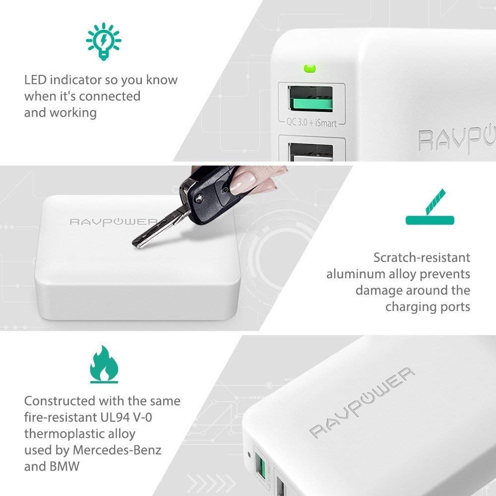 RAVPower USB Qualcomm Quick Charge 3.0 40W 4-Port Desktop Charging Station White (RP-PC024WH)